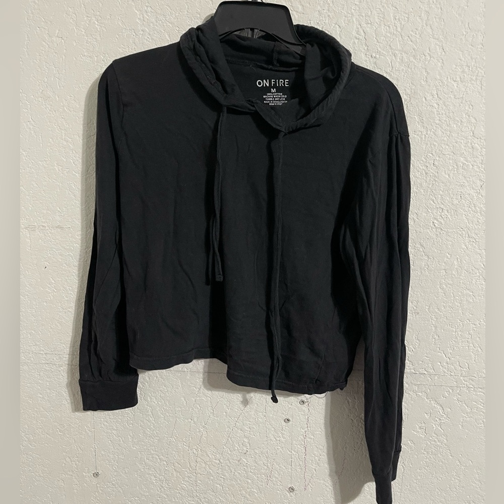 On Fire Womens Black Long Sleeve Hoodie Crop Top